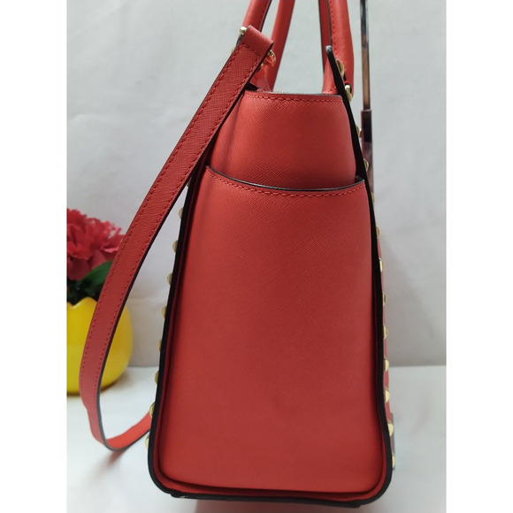 Michael Kors Selma Red Saffiano Leather Studded Top Handle Satchel Shoulder Bag - Picture 3 of 16
